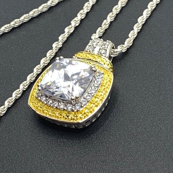 Solid 925 Sterling Silver 5CT Modified Square Cut CZ Pendant on 20" Rope Chain - Picture 5 of 14